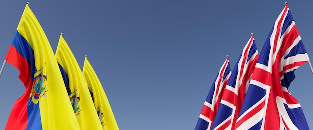 Flags of the United Kingdom and Ecuador on flagpoles on sides Six flags on a blue background Place for text Great Britain England Quito 3D illustration