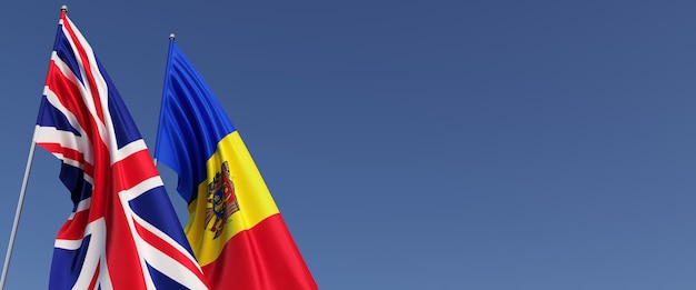 Flags of the United Kingdom and Moldova on flagpoles on side Flags on a blue background Great Britain England Chisinau 3D illustration