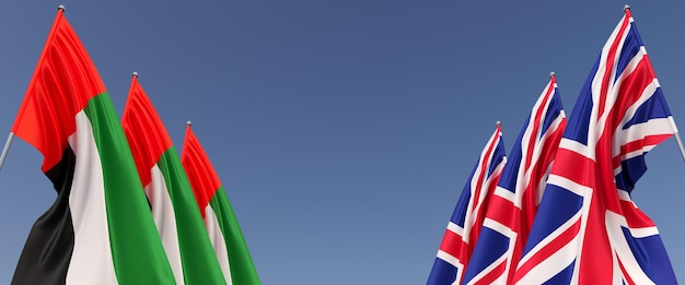 Flags of the United Kingdom and the UAE on flagpoles on sides Six flags on a blue background Place for text Great Britain England Arab Emirates 3D illustration