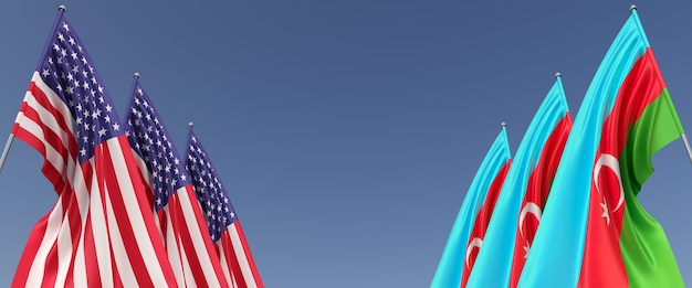 Flags of the USA and Azerbaijan on flagpoles on sides Six flags on a blue background America USA Washington Baku 3D illustration