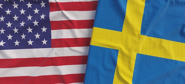 Flags of USA and Sweden Linen flag closeup Flag made of canvas United States of America Swedish Stockholm National symbols 3d illustration