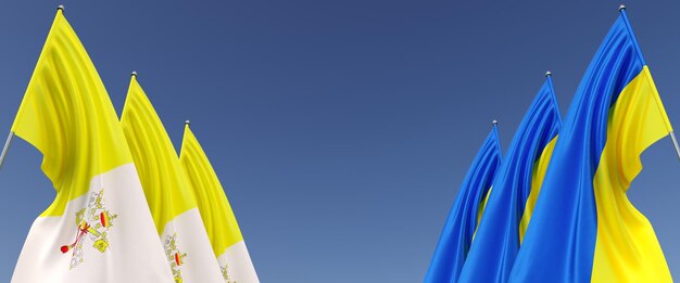 Flags of the Vatican and Ukraine on flagpoles on the sides Flags on a blue background Place for text Independent free Ukraine Three vatican flag Commonwealth 3D illustration