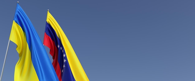 Flags of Venezuela and Ukraine on flagpoles on the side Flags on a blue background Place for text Independent independent Ukraine Venezuelan flag Caracas Commonwealth 3D illustration