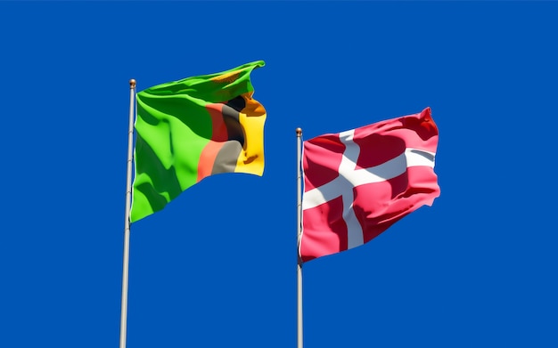 Flags of Zambia and Denmark. 3D artwork