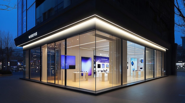 Photo flagship cell phone retail shop modern design well lit facade stylize 1000