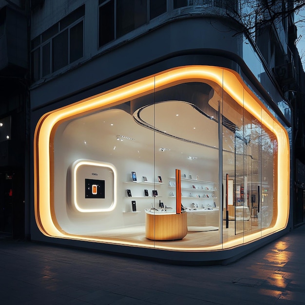 Photo flagship cell phone retail shop modern design well lit facade stylize 1000