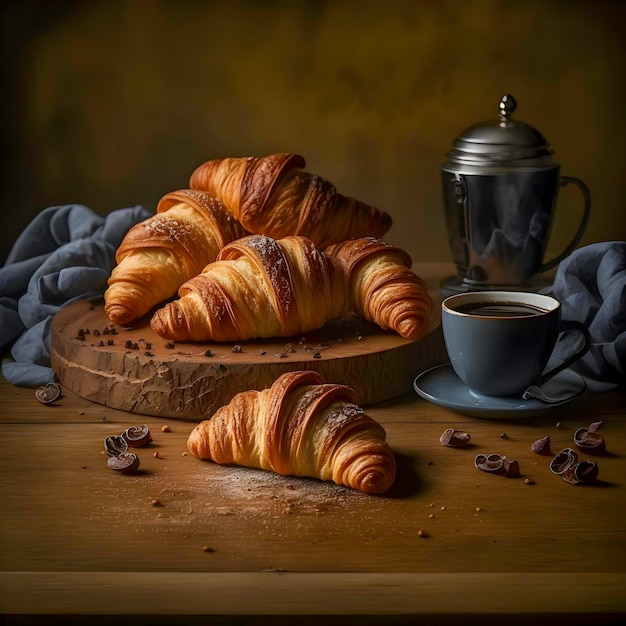 flaky, buttery layers of a freshly baked croissant. The warm, golden-brown color and steam.