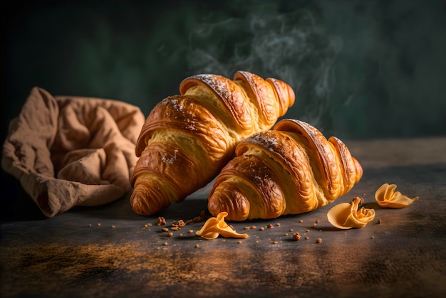 flaky, buttery layers of a freshly baked croissant. The warm, golden-brown color and steam.