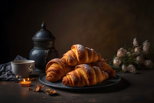 flaky, buttery layers of a freshly baked croissant. The warm, golden-brown color and steam.