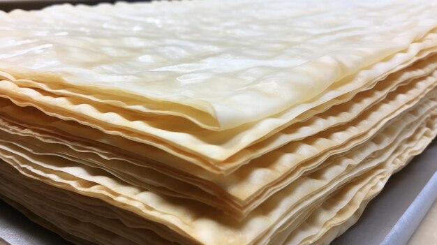 Photo flaky and buttery puff pastry layers visible showcasing the process of laminating and folding generative ai