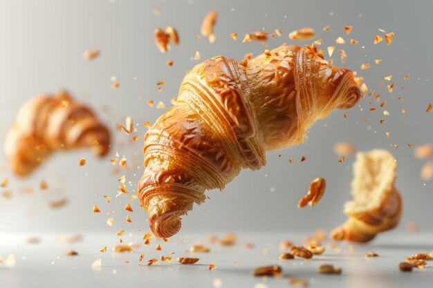 Photo flaky croissants and falling walnuts a gourmet breakfast indulgence