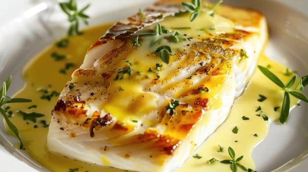 Flaky roasted fish drizzled with rich hollandaise sauce served on a white plate and garnished with fresh herbs