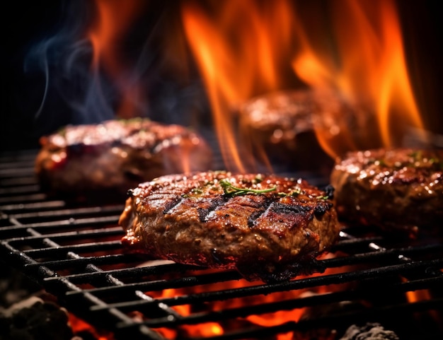 Flame broiled burger patties on grill