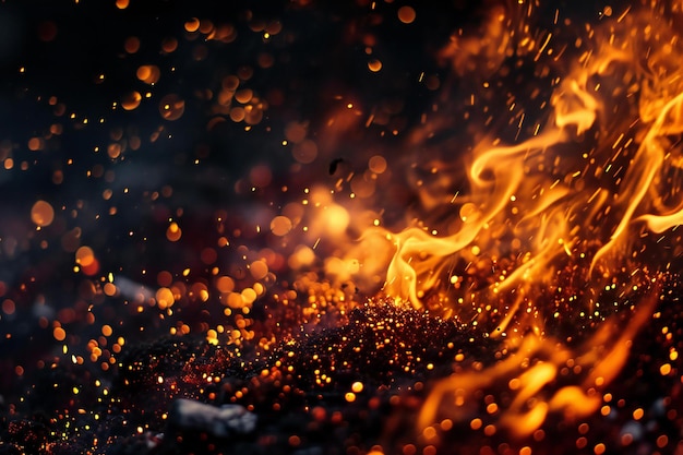 Flame of fire with sparks on a black background Fire background