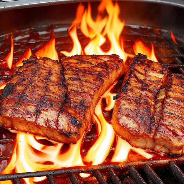 Flame grilled meat cooking on flames generated by AI