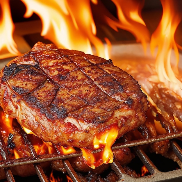 Flame grilled meat cooking on flames generated by AI