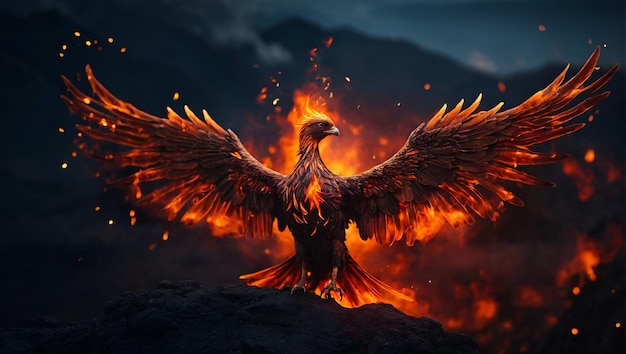 Flame phoenix illustration wings spread bokeh volcano backdrop