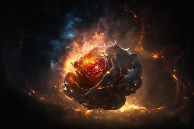 A flame rose in the void, flame, smoke, in starry sky