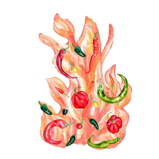 Flame and various hot peppers watercolor illustration isolated on white