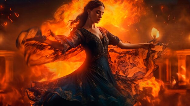 Flamenco Dance Fiery Passion Stunning Spanish woman gracefully dances flamenco with burning flames