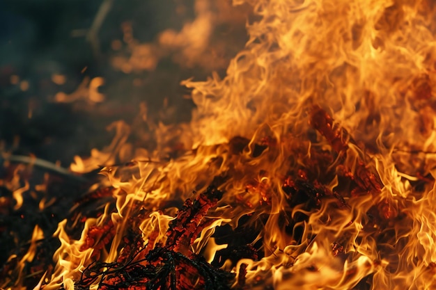 Flames of a bonfire in the forest Closeup