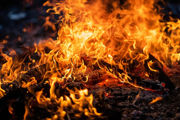 Flames of a bonfire in the forest closeup