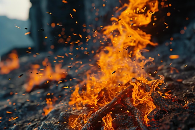 Flames of a bonfire in the mountains closeup