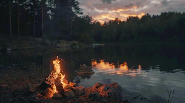 Photo the flames of a campfire dance by a lakeside at sunset casting warm reflections on the water and creating a serene outdoor scene