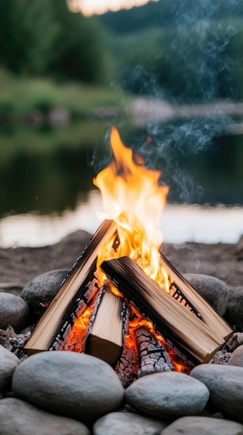 Photo flames dance among burning wood and embers set within a charming outdoor kitchen backdrop filled with rustic decor elements