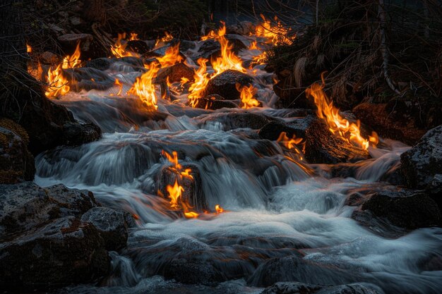 Flames dance atop the waters of a tranquil mountai generative ai