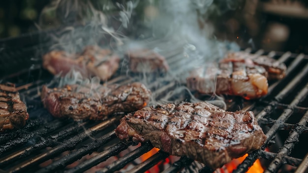 Flames dance beneath sizzling steaks on the grill