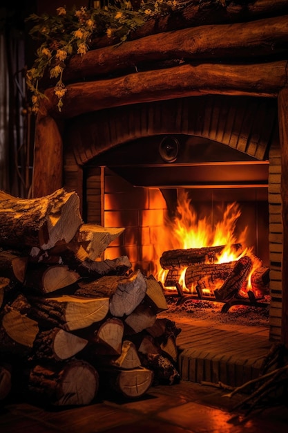 Flames engulfing a log in a cozy fireplace created with generative ai