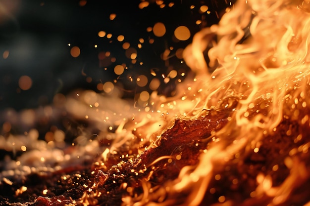 Flames of fire with sparks on blurred background closeup