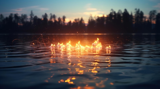 Flames from a fire burning in the water at sunset.