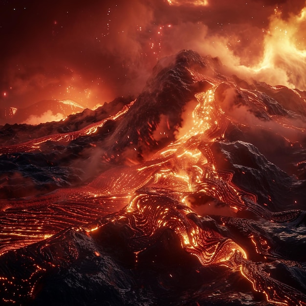 flames and lava flow into the ocean from a volcano generative ai