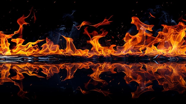 Flames and smoke reflected in a dark liquid