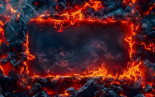 Flames and smoke surround a square frame in a dark background copy space