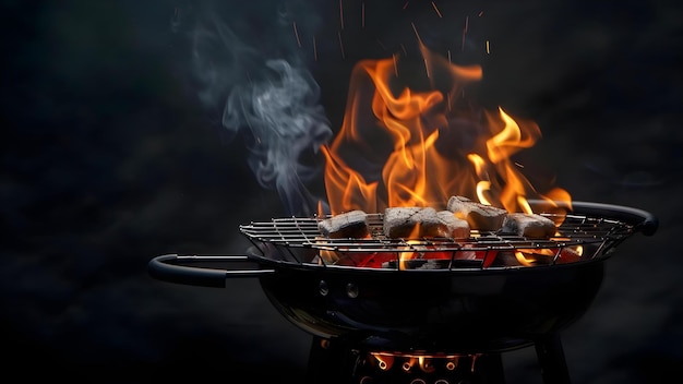 Flaming BBQ Grill with Charcoal on Black Background Concept BBQ Grill Flaming Charcoal Cooking Outdoors Black Background Grilling Season