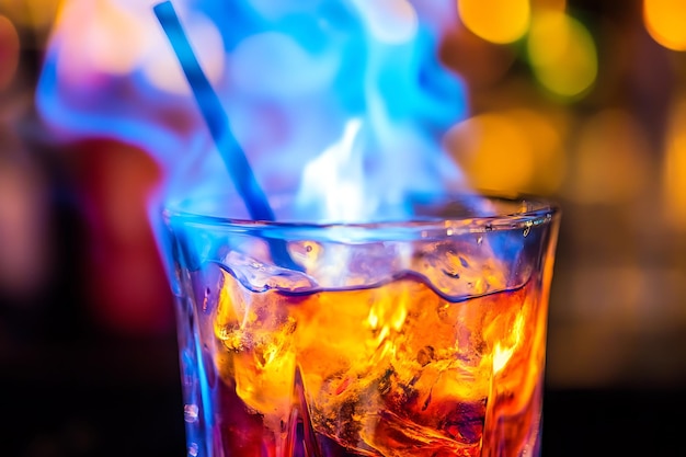 Flaming Cocktail in a Glass with Ice and a Straw