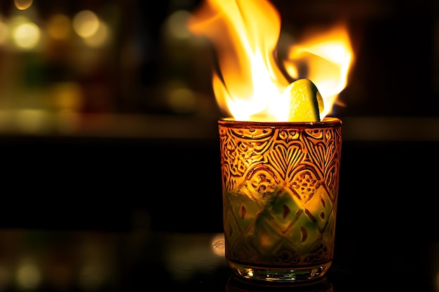 Flaming Cocktail in Ornate Glass with Lime Wedge