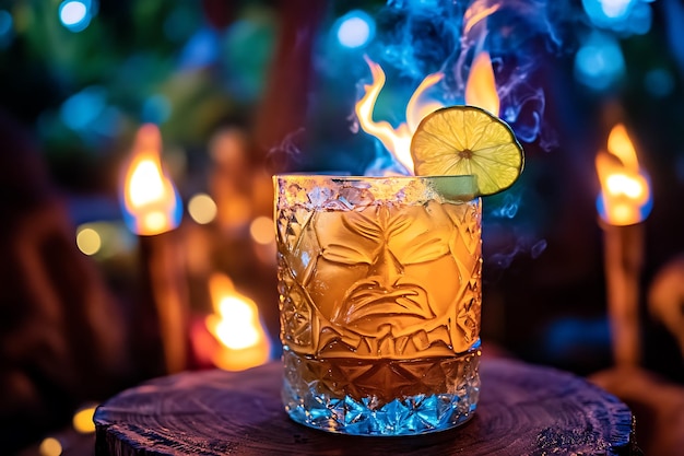 Flaming Cocktail with Lime Garnish in a Tiki Glass