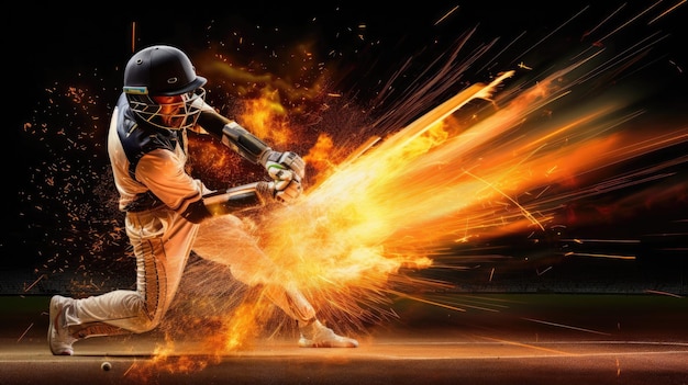 Flaming cricket bat hits the ball creating sparks