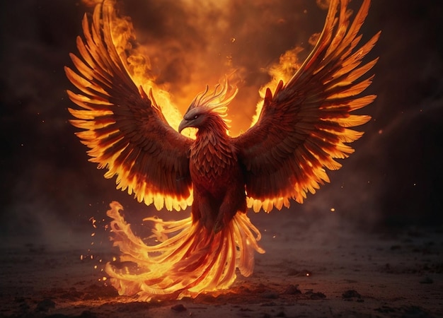 a flaming eagle with flames and a fire in the background