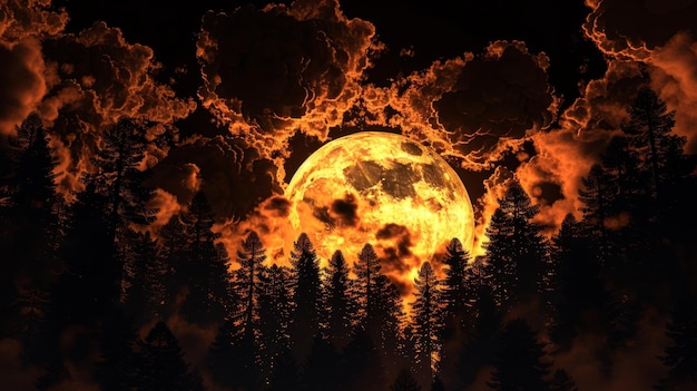 Photo flaming full moon above silhouetted forest