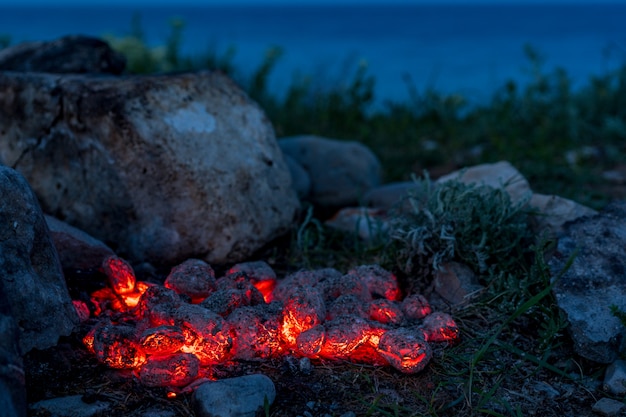 Flaming Hot Charcoal Briquettes, Food Background Or Texture