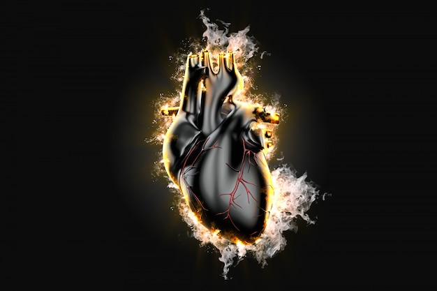 Flaming human heart over dark background