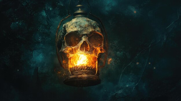 Photo flaming skull lantern hanging in a dark forest