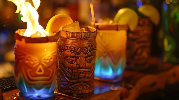 Photo flaming tiki cocktails in a bar setting