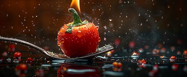 Photo a flaming tomato on a spoon with water droplets