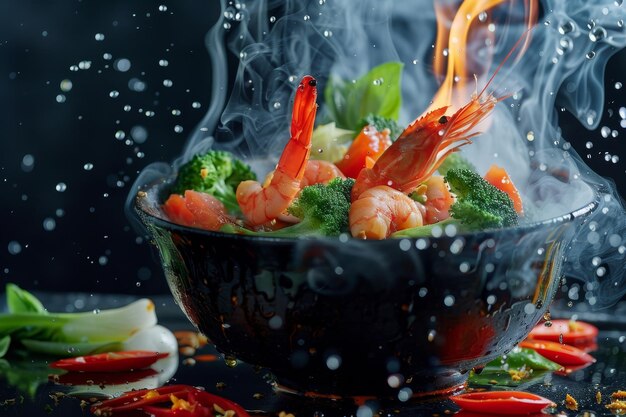 Flaming Wok Tossing Shrimps Broccoli and Green Vegetables